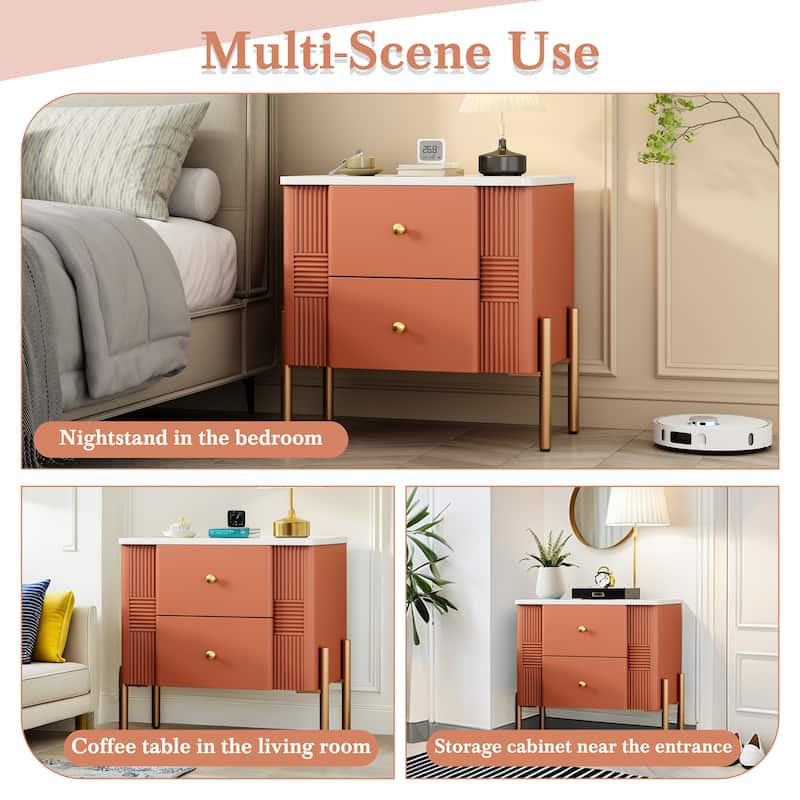 Modern Nightstand with 2 Storage Drawer, Fluted Bedside Table with Golden Metal Handles and Legs