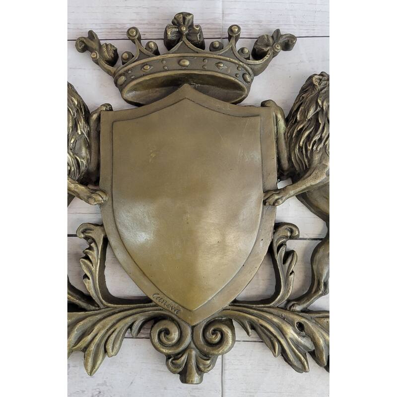 Coat Of Arms Family Crest Lions Crown Bronze Wall Mounted Hanging Sculpture 13 Inches X 16 Inches