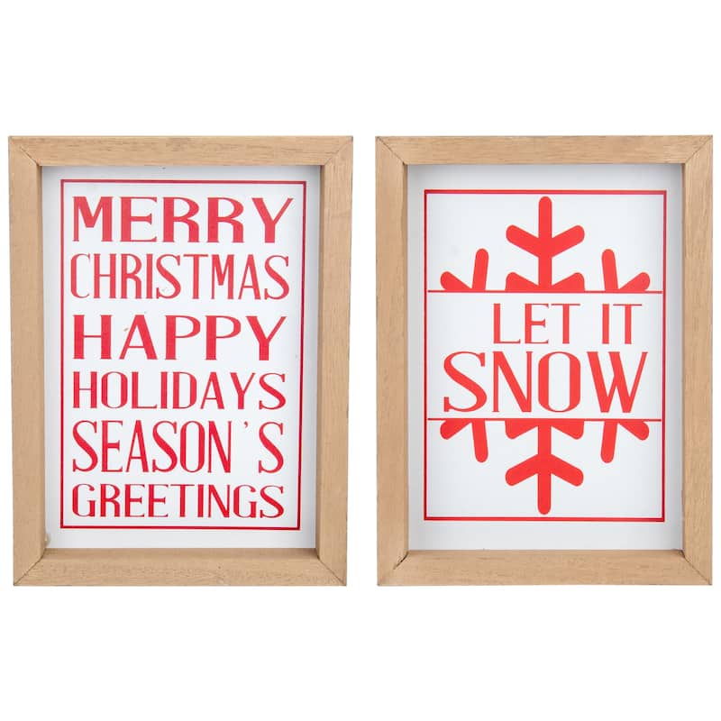 Set of 2 Red and White Holiday Slogans Wooden Christmas Plaques - 8"