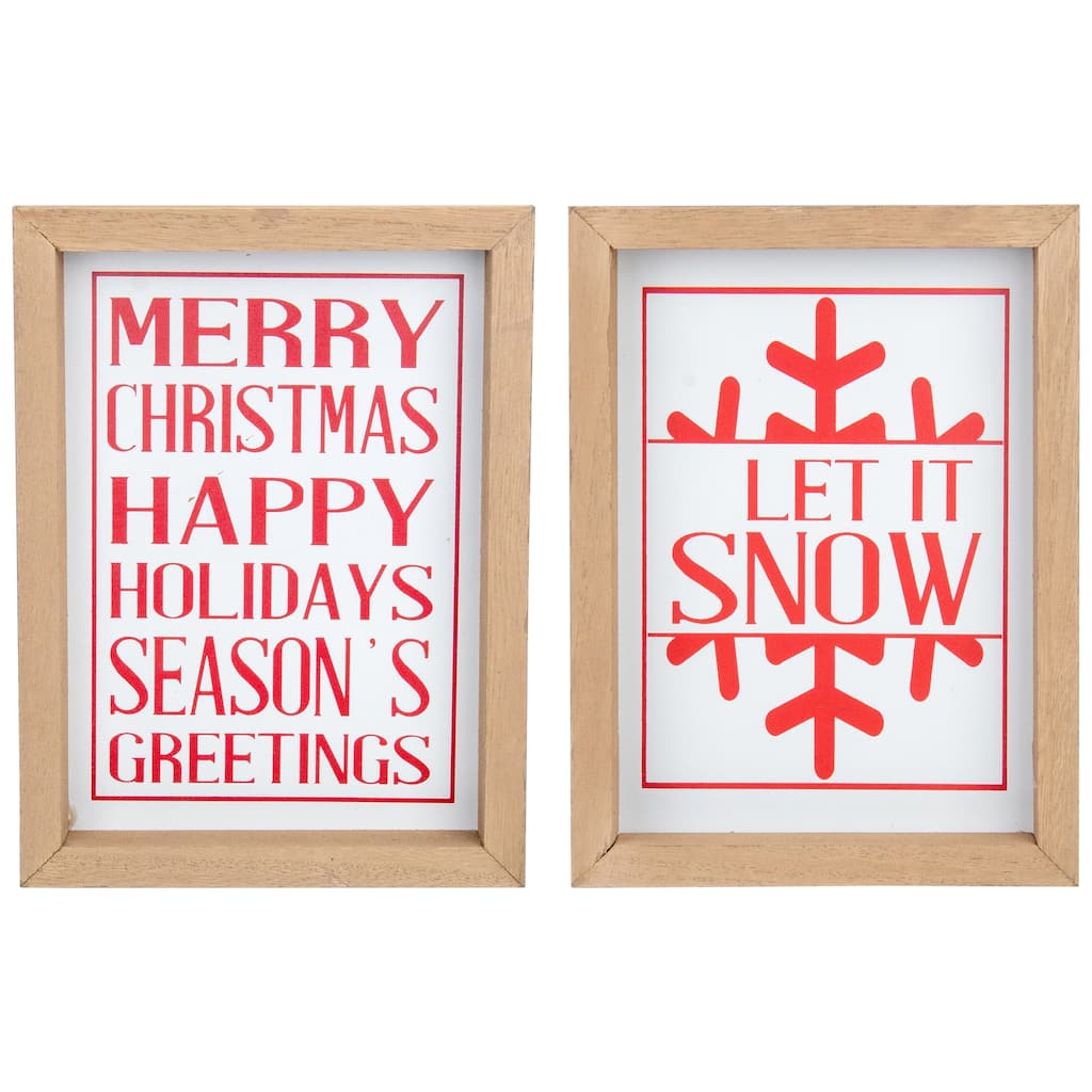 Set of 2 Red and White Holiday Slogans Wooden Christmas Plaques - 8"