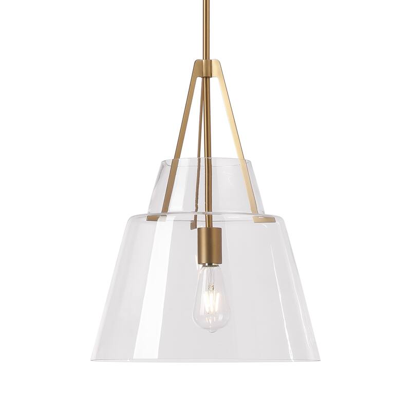 15" Contemporary Brushed Gold Tapered Clear Glass 1-Light Adjustable Pendant Fixture - N/A