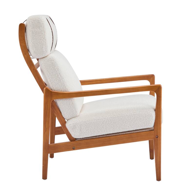 Mid Century Modern Accent Armchair, Solid Wood Frame with High Back, Beige Upholstered Cushions, Ergonomic Lounge Chair