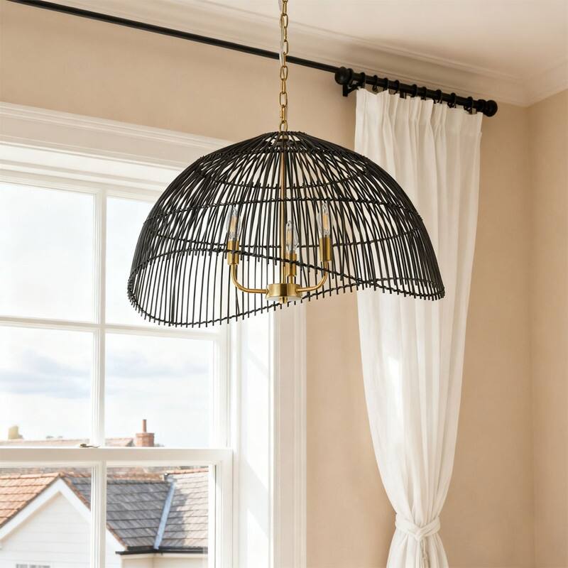 Boho Black Woven Rattan 3 Light Pendant Ceiling Light Brass Copper Finish Iron Frame for Kitchen Island Living Room