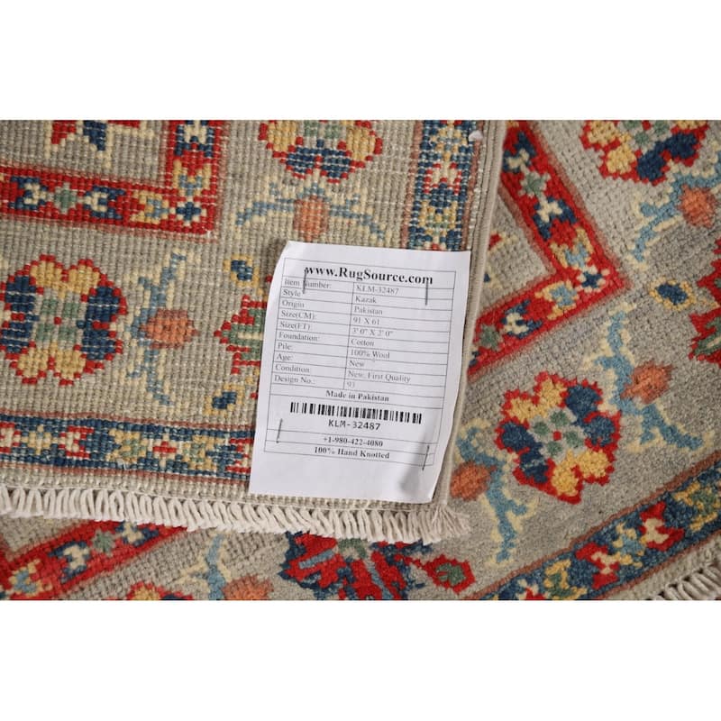 Geometric Kazak Oriental Foyer Rug Hand-Knotted Wool Carpet - 2'0" x 3'0"
