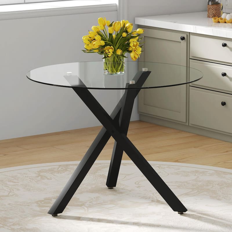 Modern minimalist glass round table: 31 inch diameter, X-shaped black metal bracket, stylish and practical - Black,Transparent - Black,Transparent