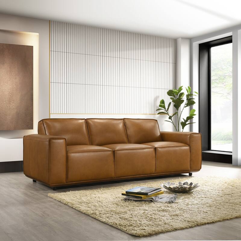 Happydays Mid Century Modern Top Genuine Leather Sofa in Tan