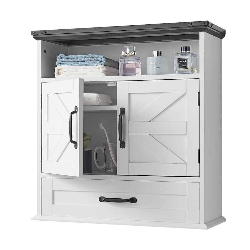 White Multi-Layer Bathroom Wall Cabinet with Adjustable Storage Shelves and 1 Drawer - 24” x 9” x 25”