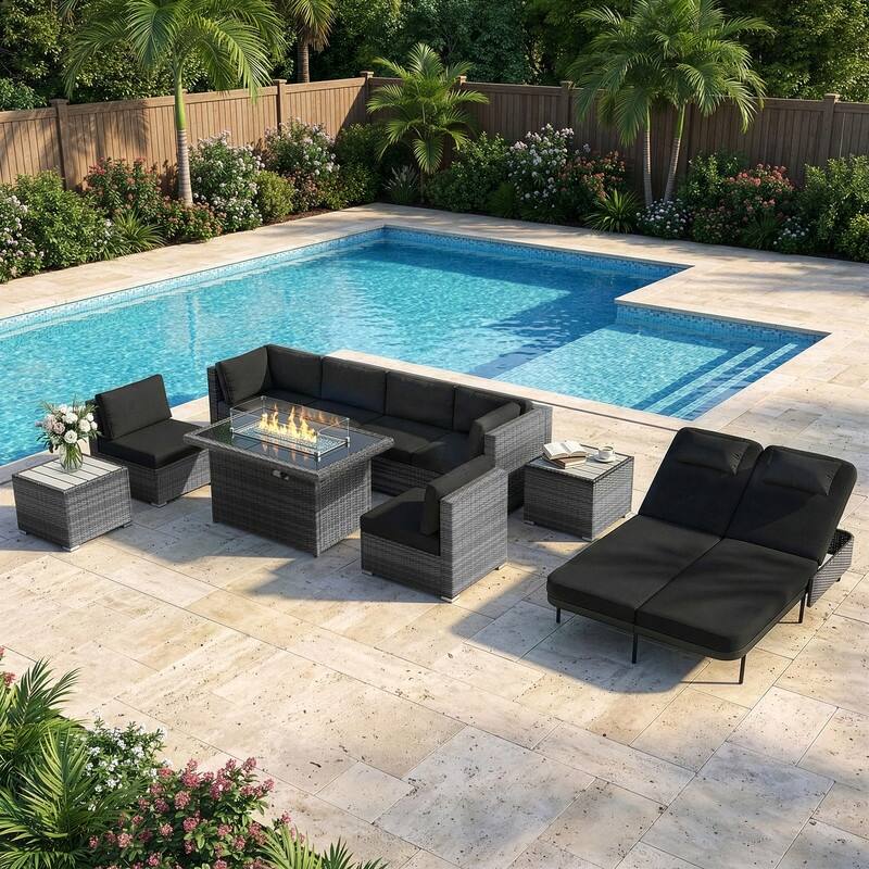 Outdoor Sectional Conversation Set PE Wicker with Double Chaise Lounge, 60,000 BTU Fire Pit Table - 10-Piece/Table - Black