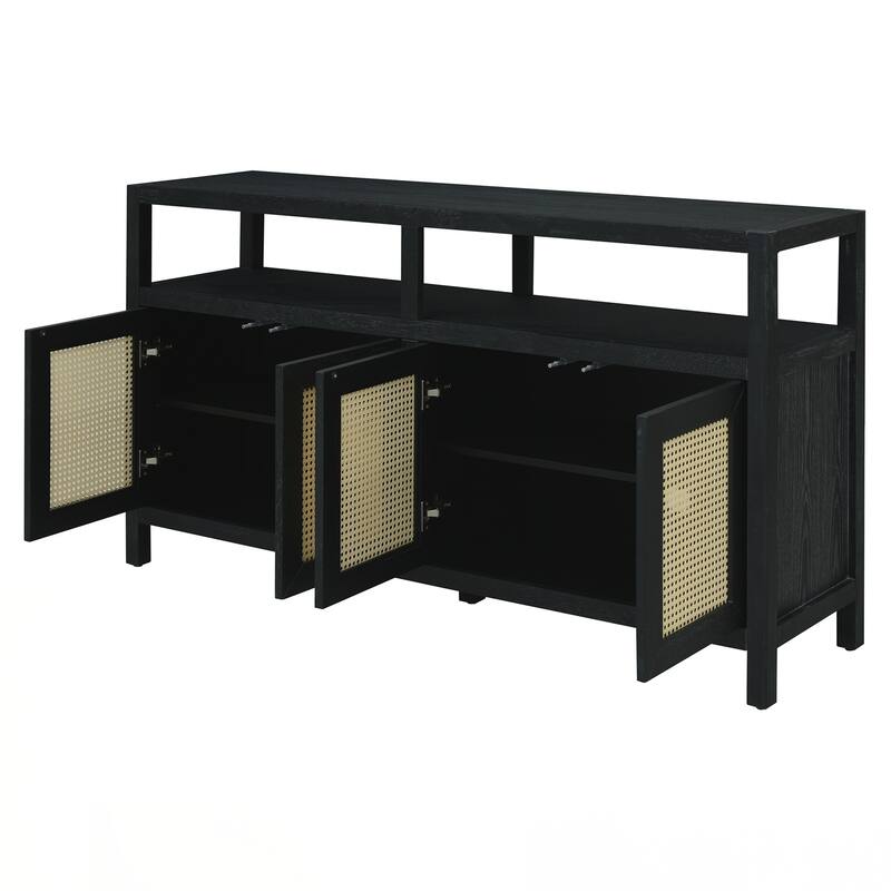 Rattan Buffet Storage Cabinet with Solid Wood Frame, Sideboard with 3-position Adjustable Shelves for Living & Dining Rooms