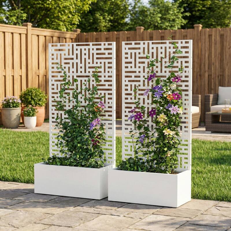 Galvanized Planter Box with Trellis & Privacy Screen