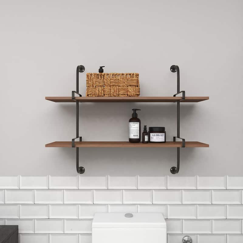 3 Level Wood Wall Shelf with Black Metal Brackets - Brown or Gray