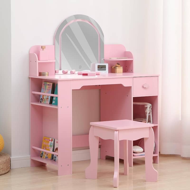 2 in 1 Kids Vanity Table & Stool with Lighted Mirror, Bookshelf and Makeup Palyset - Pink