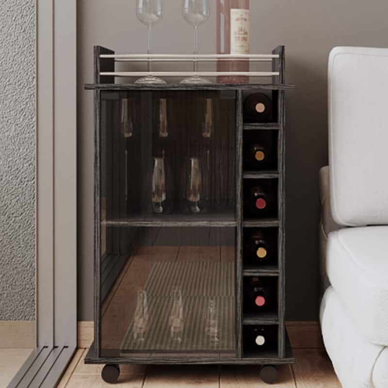 Carbon Espresso Bar Cart with Glass Door, Metal Rail, Two Shelves & Locking Casters