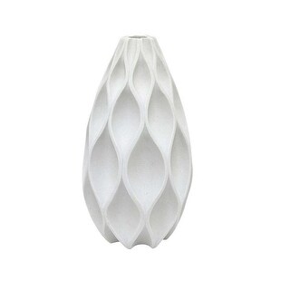 Lee 17 Inch Vase, Inset Wave Pattern Design, Resin, Modern White Finish