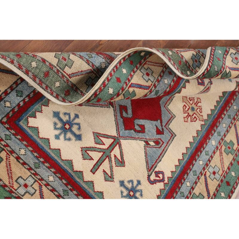 Ivory Geometric Kazak Accent Rug Hand-Knotted Wool Carpet - 3'5" x 5'0"