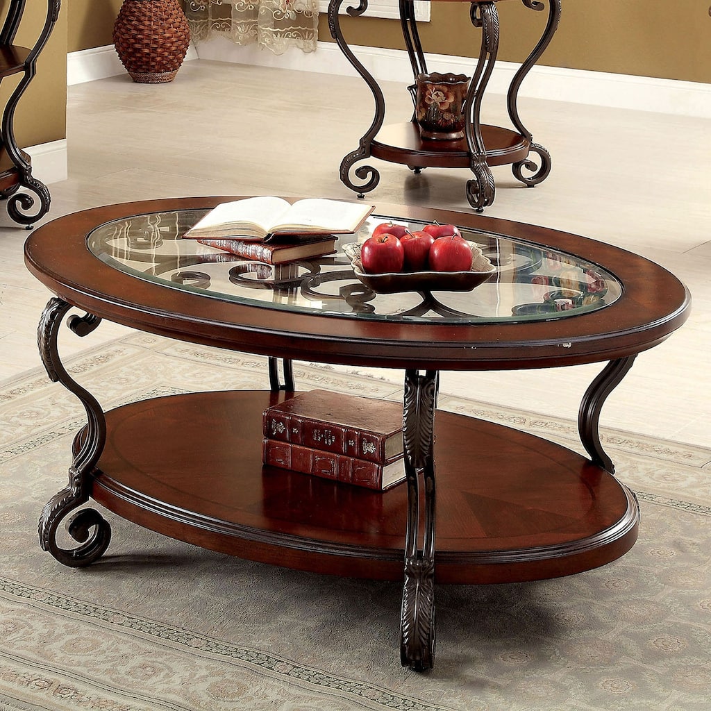 Wooden Coffee Table With Metal Frame in Brown Cherry Finish