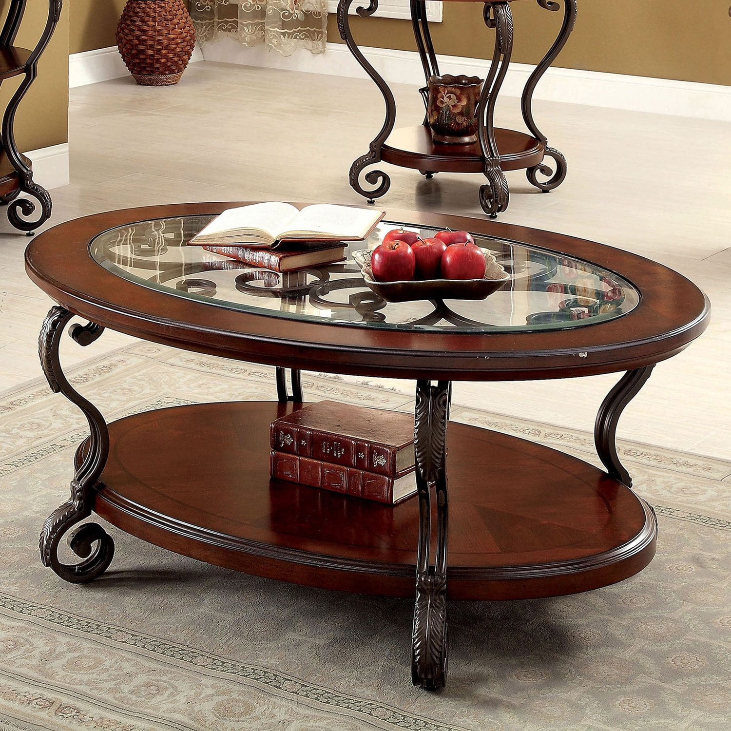 Wooden Coffee Table With Metal Frame in Brown Cherry Finish - Brown Cherry