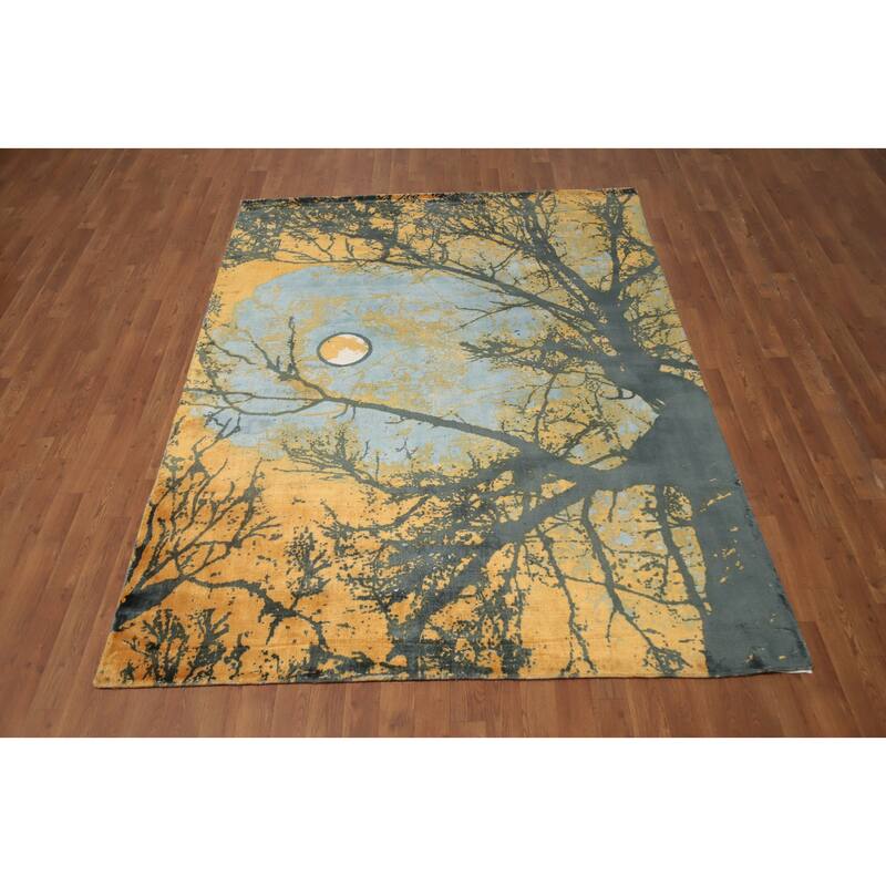 Hand Knotted Oriental Viscose Silk Carpet Modern Pictorial Oranges & Rust Abstract Area Rug - 7' 10'' X 5' 8''