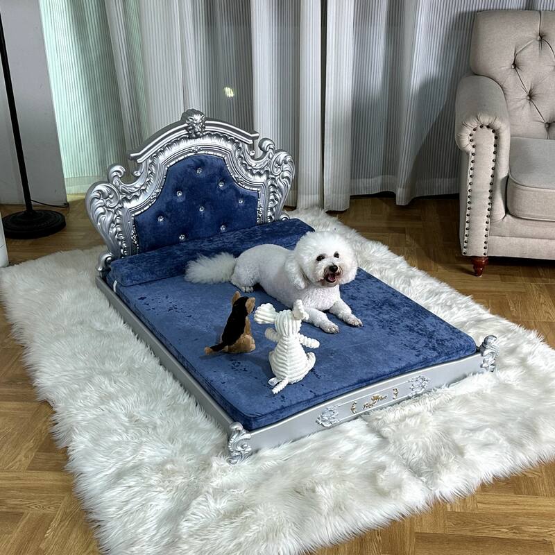 Silver Baroque Soft Velvet Cover Dog Bed Pet Sofa Furniture With Tufted Headboard Diamonds Decor