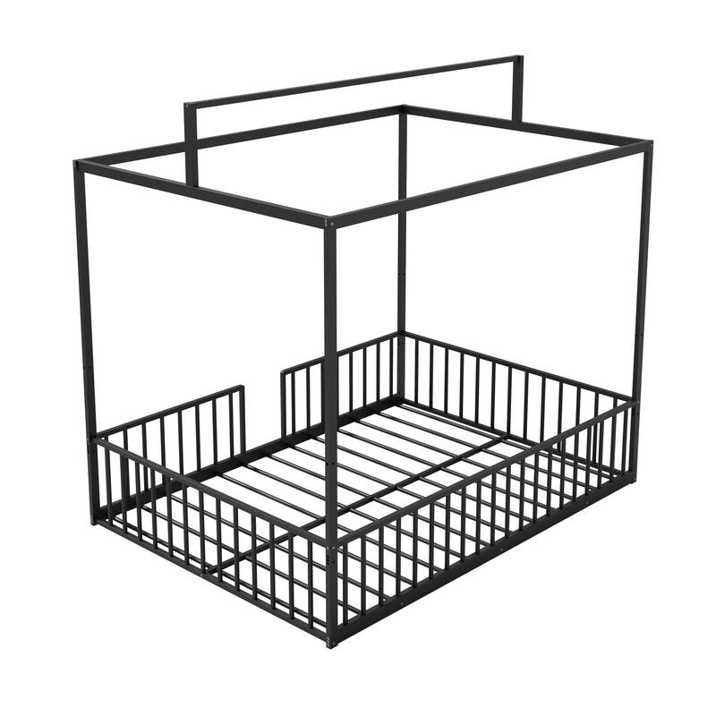3-in-1 Convertible Metal Bed for Kids, Toddler Floor Bed, Fenced Bed and Montessori Elevated Bed with House-shaped Frame