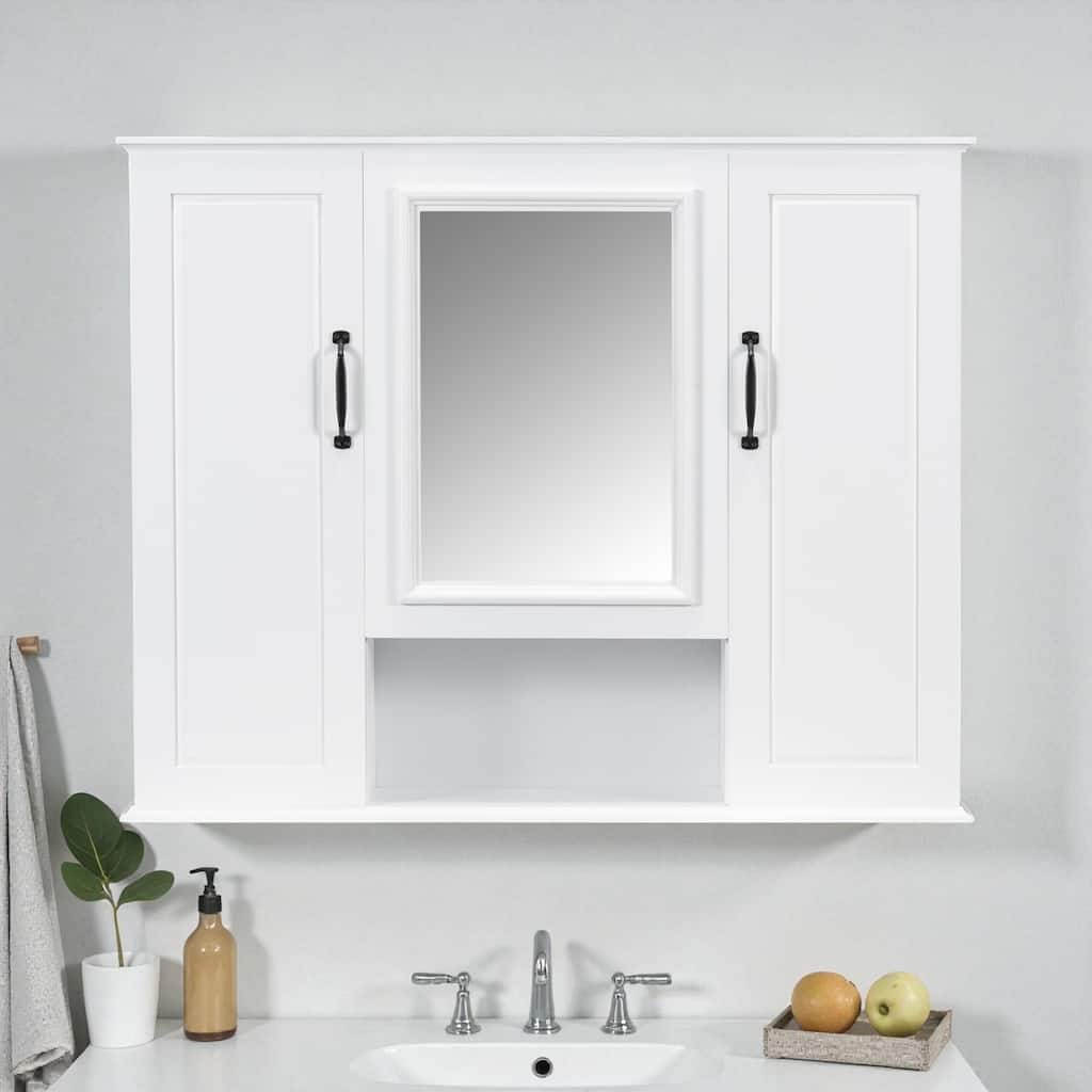36-Inch Bathroom Mirror Cabinet with 3 Doors, Wall Mounted Medicine Cabinet with Adjustable Shelves and Open Storage