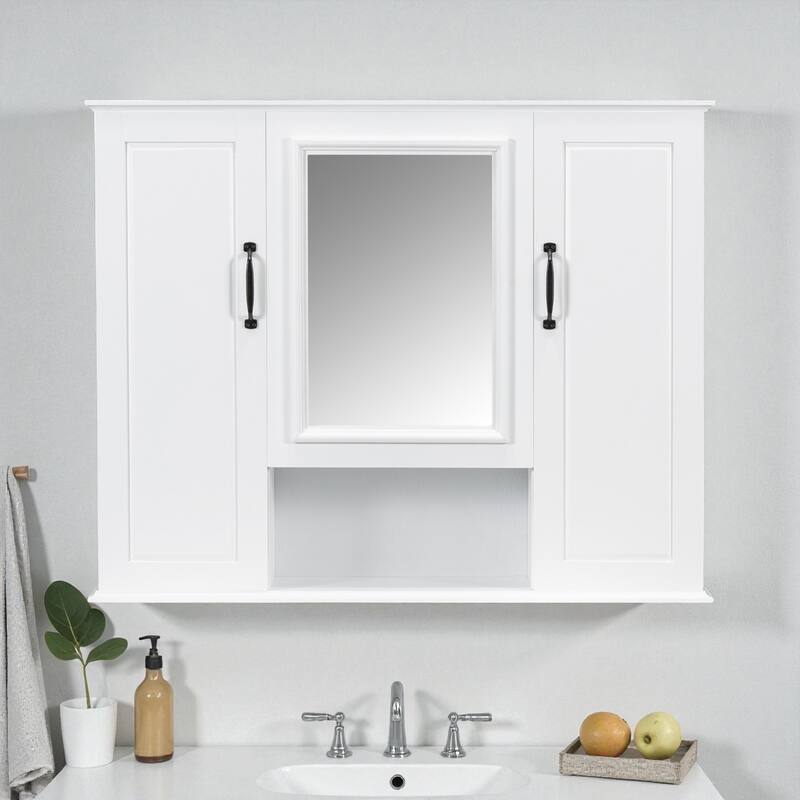 36-Inch Bathroom Mirror Cabinet with 3 Doors, Wall Mounted Medicine Cabinet with Adjustable Shelves and Open Storage - White