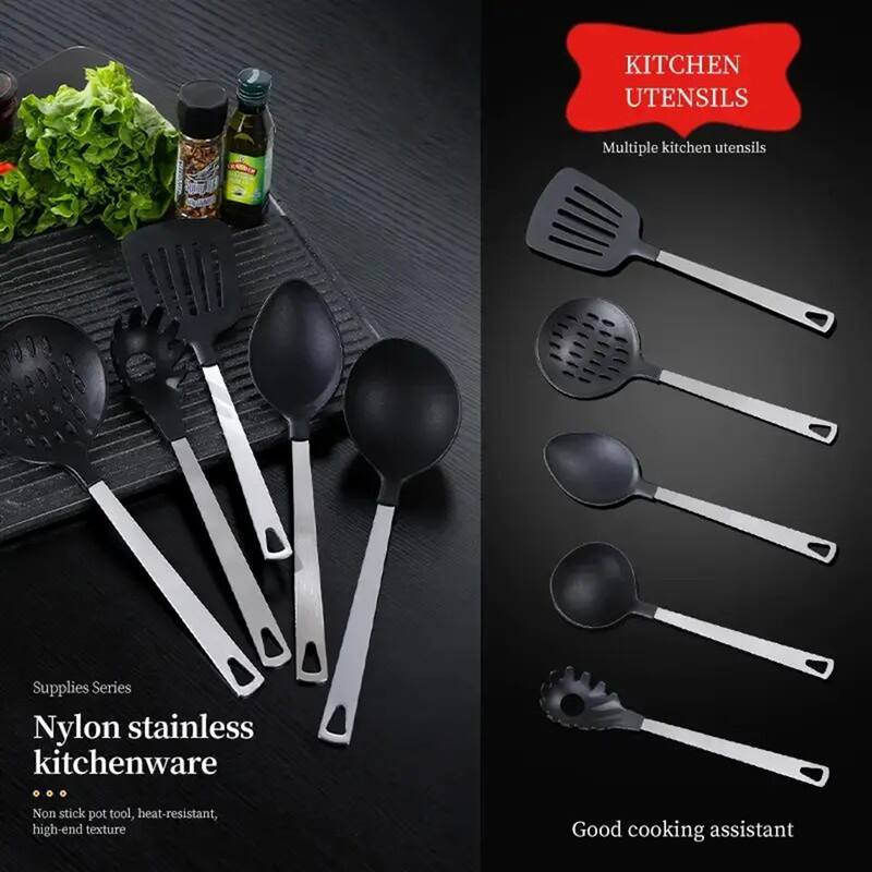 Black Stainless Steel Non-Stick 5-Piece Kitchen Utensil Set with Heat-Resistant Heads