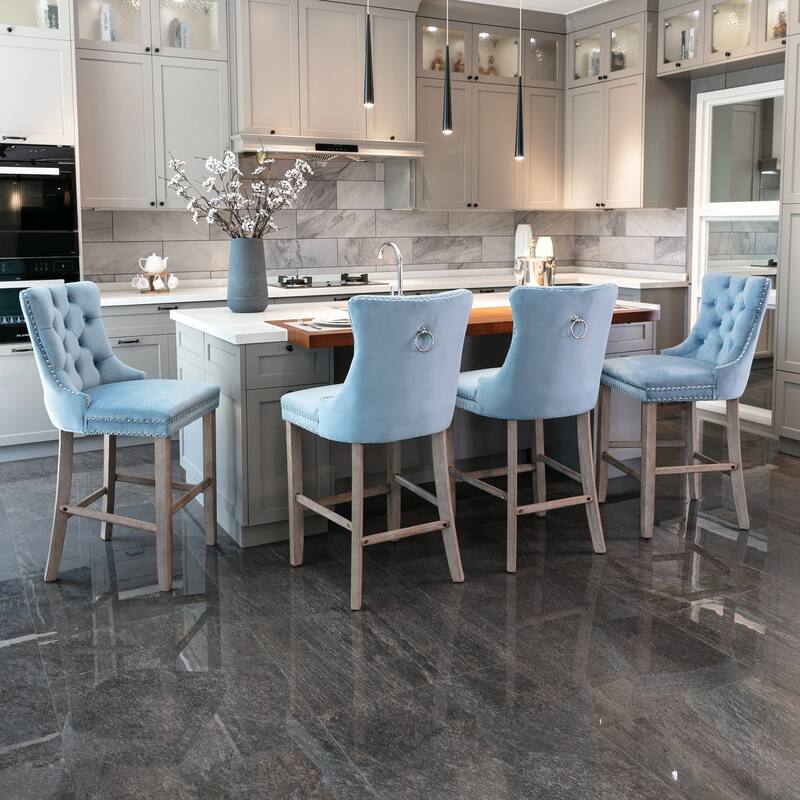 Contemporary Velvet Upholstered Barstools With Button Tufted Decoration And Wooden Legs