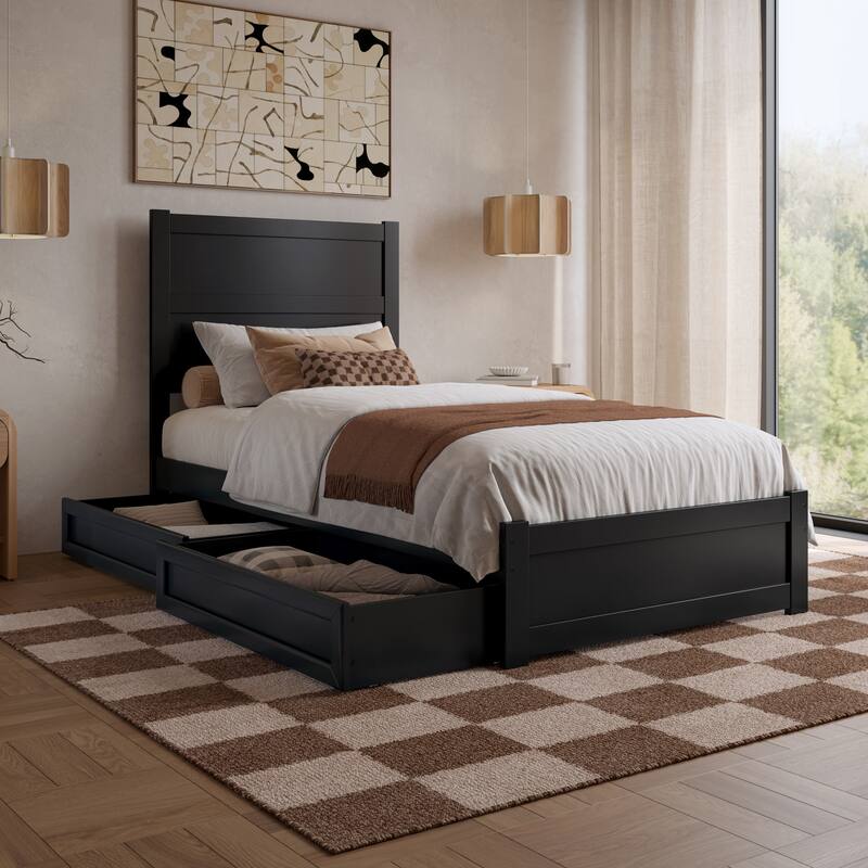 Aveline Wood Platform Bed with Matching Footboard & Storage Drawers - Twin XL - Black
