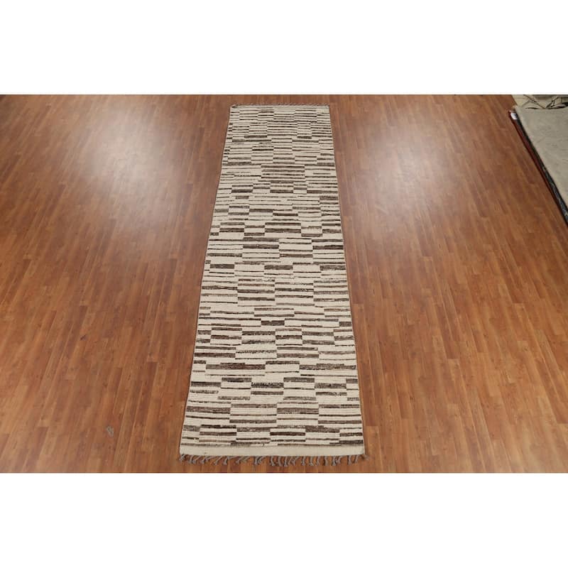 All-Over Striped Moroccan Oriental Runner Rug Hand-Knotted Wool Carpet - 4'0"x 13'6"