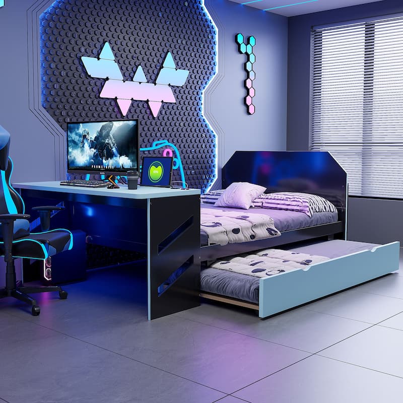 Esports & Work Daybed Full Size Platform Bed for Teens with Twin Size Trundle, Built-in Desk, USB Ports and Cable Management
