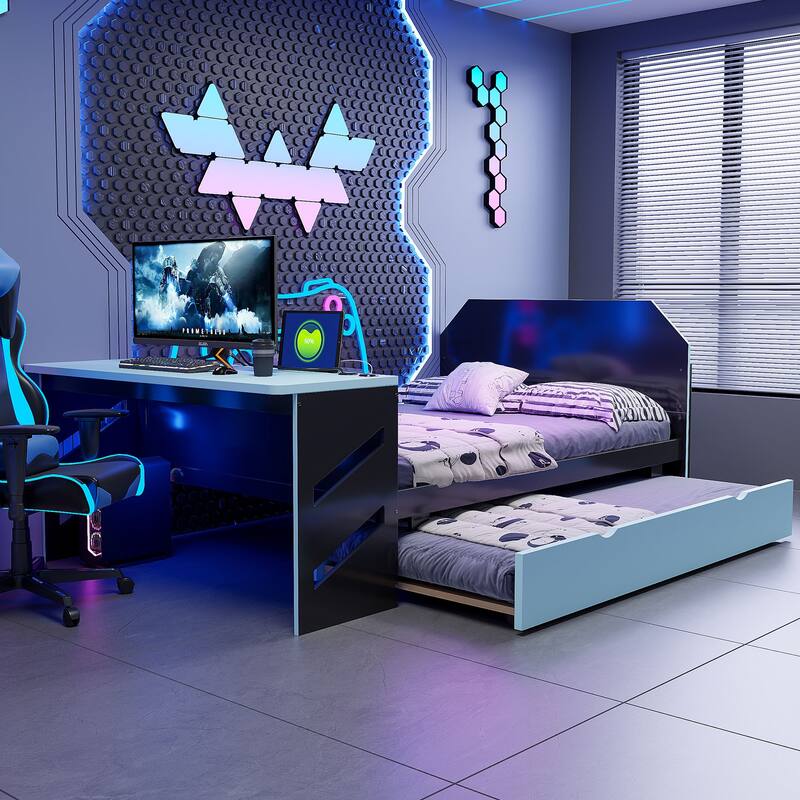 Modern Wood Daybed with Twin Trundle, Desk, USB Port, Cloud Blue - Blue