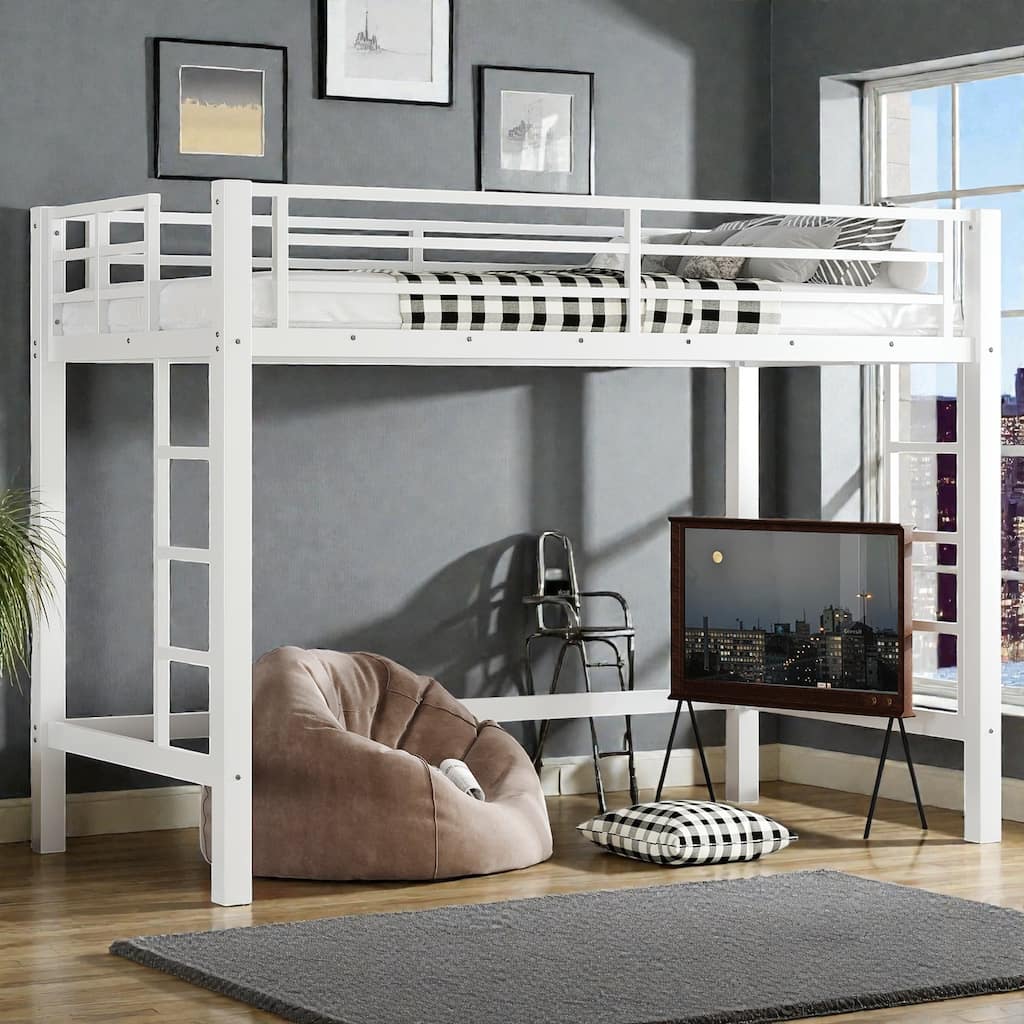 Metal Loft Bed with Dual Ladders and Guardrails, Space Saving Loft Bed for Dorm or Bedroom
