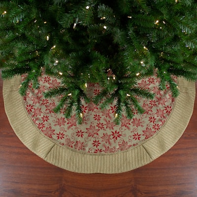 48" Tan and Red Rustic Burlap Poinsettia Christmas Tree Skirt - 48