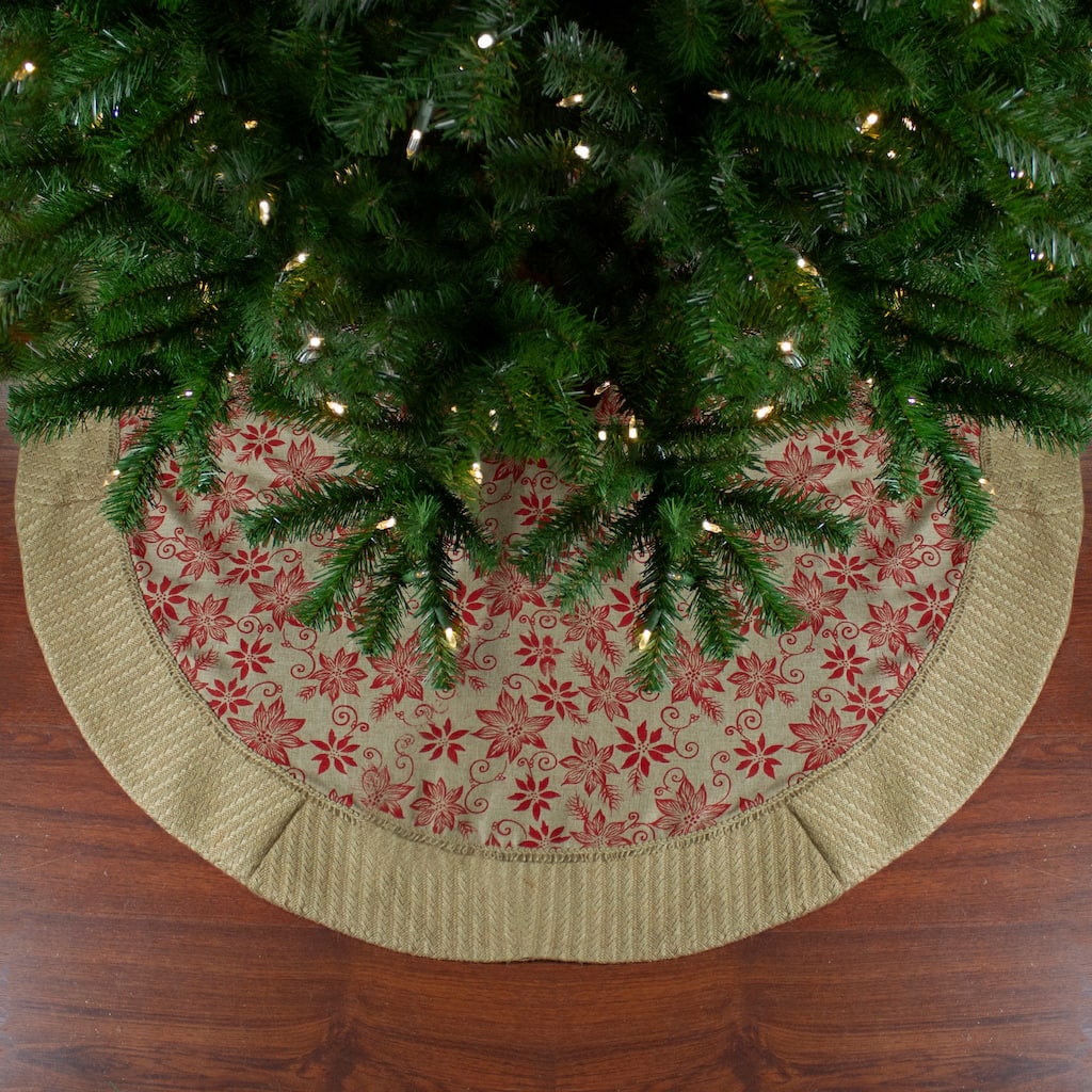 48" Tan and Red Rustic Burlap Poinsettia Christmas Tree Skirt - 48
