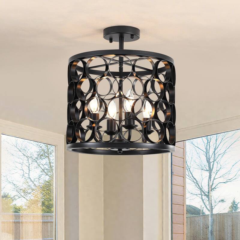 4 - Light Black Metal Ring - Shaped Semi - Flush Mount Ceiling Light - Matte Black - Matte Black