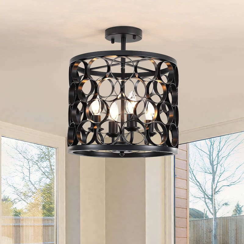 4 - Light Metal Ring - Shaped Semi - Flush Mount Ceiling Light - Matte Black