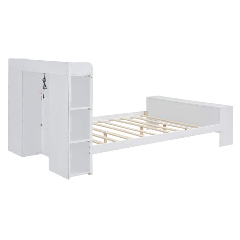 HomeRoots White Wood Full Bed Frame With LED Lighting And USB