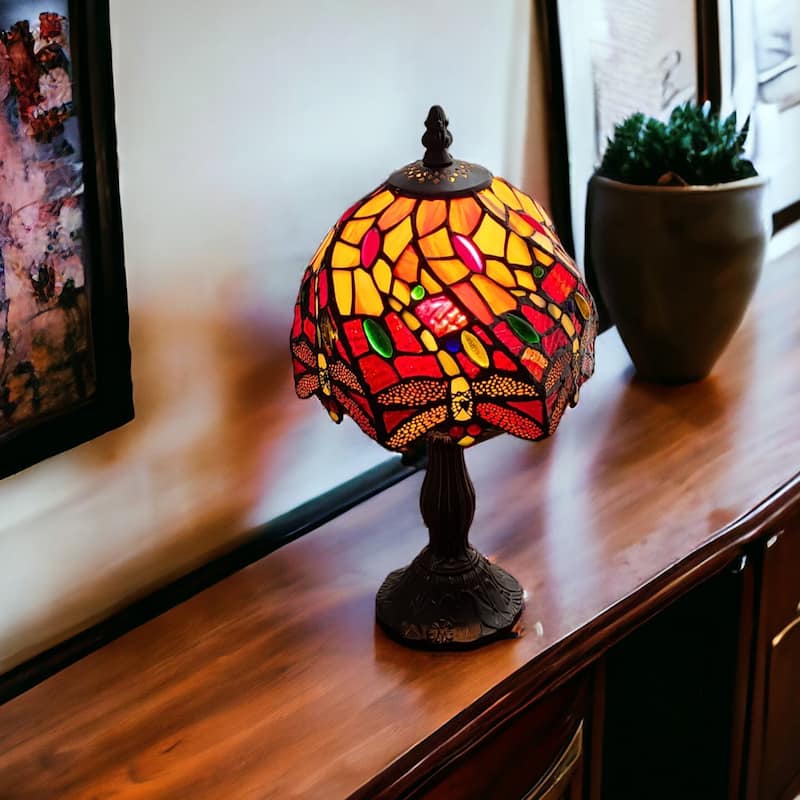 HomeRoots 15" Dark Brown Metal Candlestick Table Lamp With Red and Black Novelty Shade - 12' X '15' X '9 - 12' X '15' X '9 - Red and Black