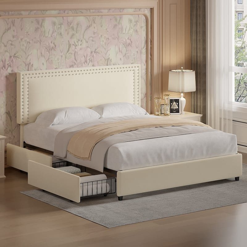 VECELO Upholstered Storage Bed Frames with 4 Storage Drawers Platform Bed Frame with Adjustable Velvet Rivets Headboard - Beige - Full