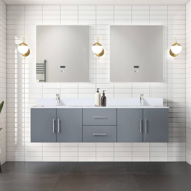 Geneva 72 in. W x 22 in. D Dark Grey Double Bath Vanity, White Quartz Top, Faucet Set, and 30 in. LED Mirrors
