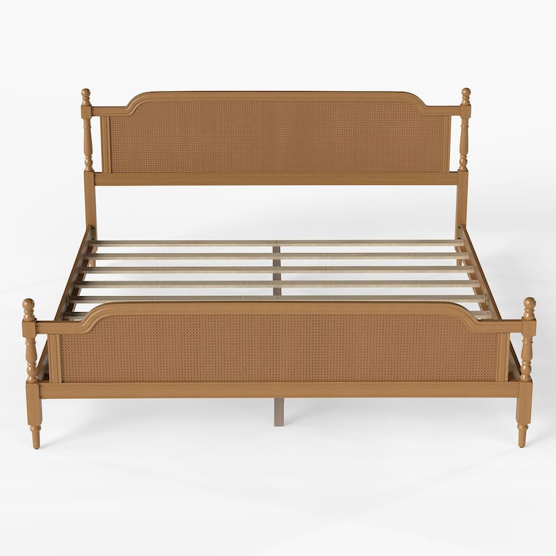Wooden Platform Bed Bed Frame w/Hand-Woven Rattan Headboard & Footboard, Boho and Mid Century Style Bed Frame, Solid Pine Wood