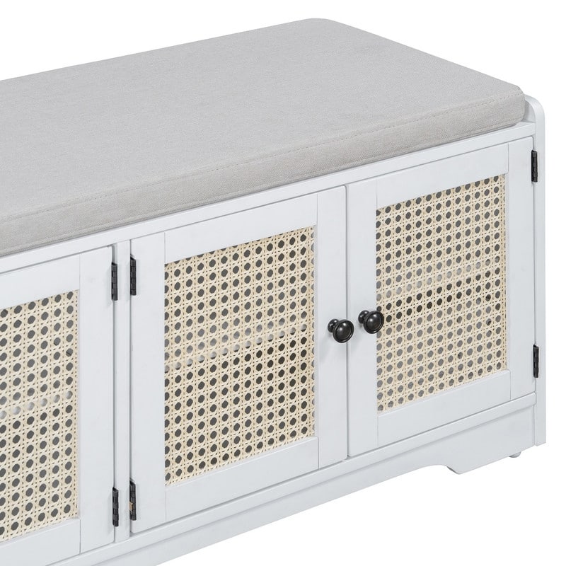 Rustic 47.4" Storage Bench Multifunctional Wooden Entryway Organizer with Removable Cushion and Rattan Doors