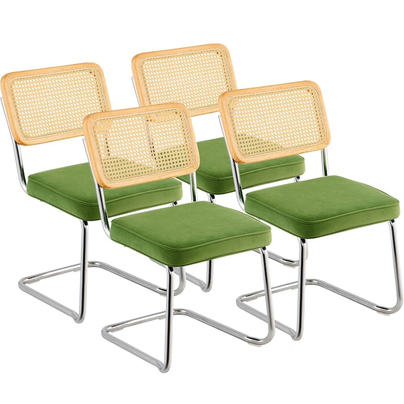 Rattan Dining Chairs Set of 4, Mid Century Modern Dining Chair, Upholstered Velvet Accent Chair with Rattan Back, Retro Dining - Green - 4 Pieces