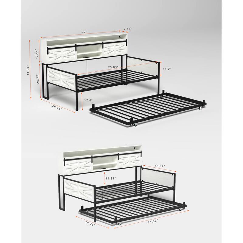 Twin Daybed with Trundle, Farmhouse Barn Door Headboard, Storage Shelf, Charging Station & LED Lights