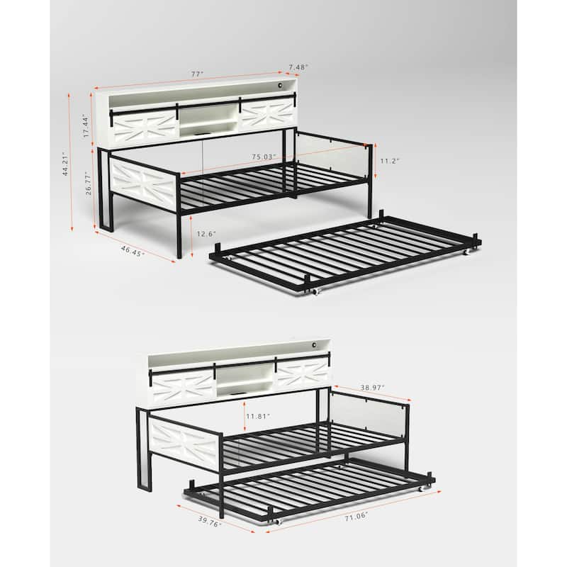 Twin Daybed with Trundle, Farmhouse Daybed Frame with Sliding Barn Door Headboard and Charging Station & LED Light