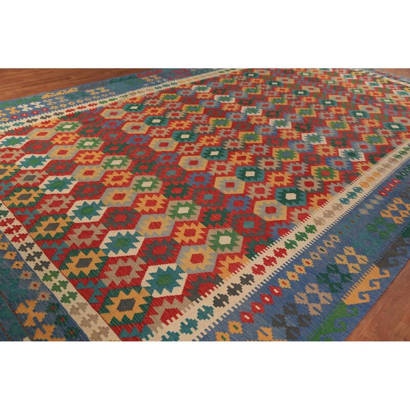 Palace Size Geometric Kilim Oriental Rug Hand-Woven Wool Carpet - 9'10"x 16'0"