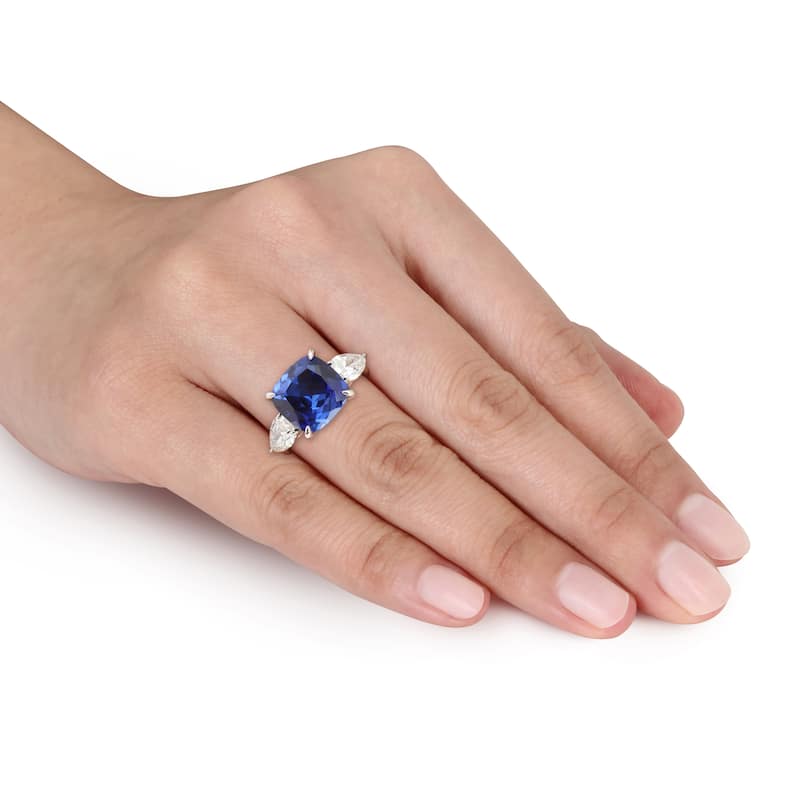 Miadora 6ct TGW Created Blue Sapphire 1 1/2 TW Lab-Grown Diamond Ring 18k White Gold