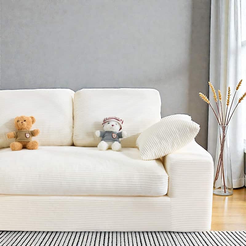 Corduroy Compressed Sofa Couch with 3 Back Cushions and 2 Throw Pillows, Soft Cloud Sofa for Living Room