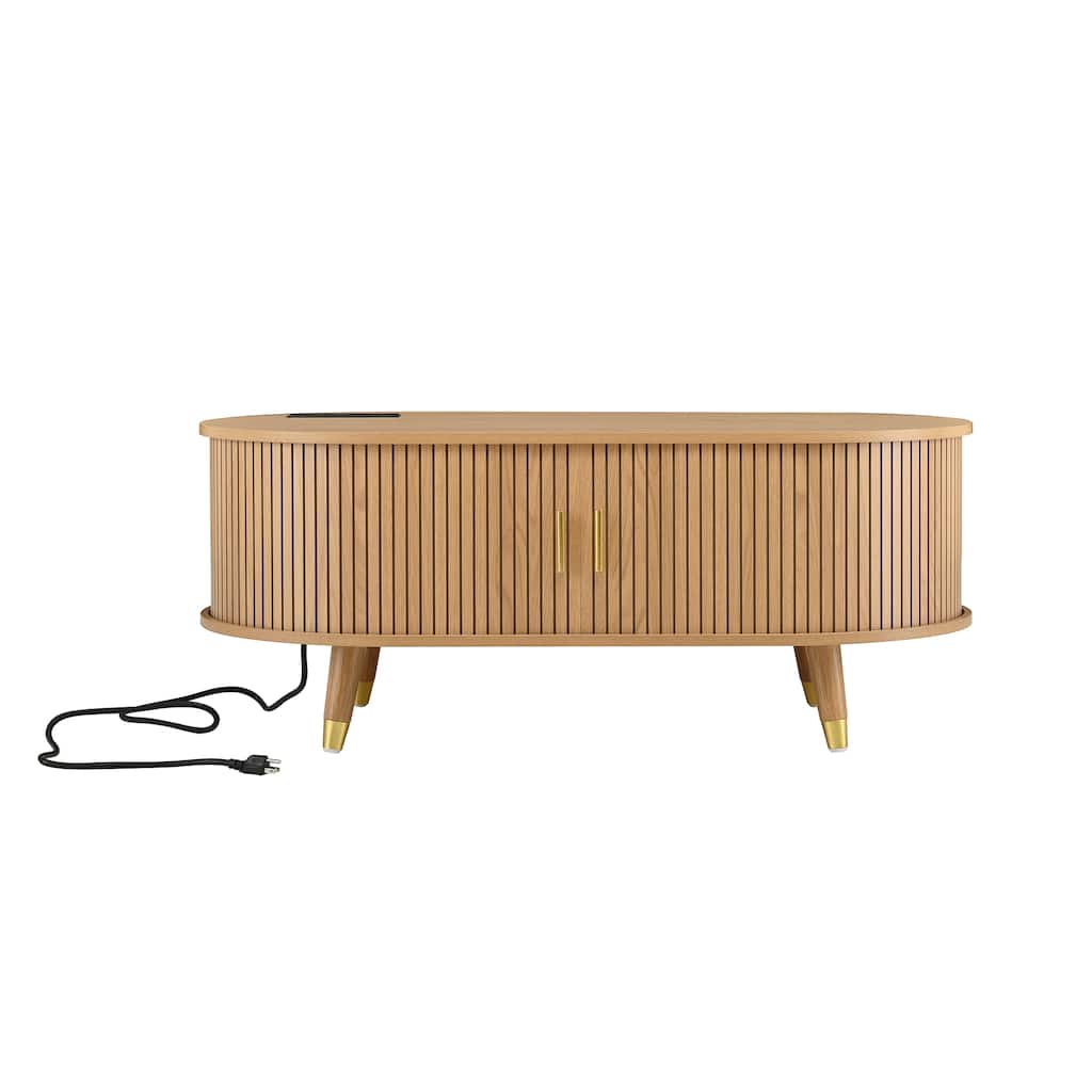 Wooden Oval Fluted Coffee Table with Charging Station and Sliding Tambour Door - 42.5" W × 22.8" D × 17.1" H